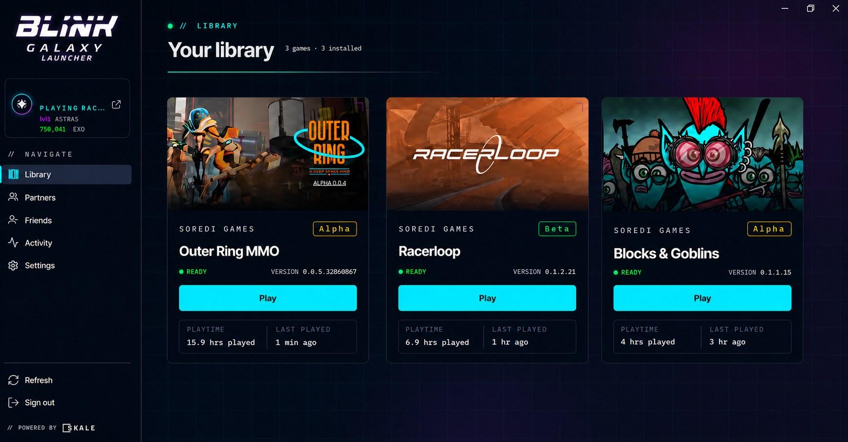 Blink Galaxy Launcher, your library of 3 games: Outer Ring, RacerLoop and Blocks & Goblins