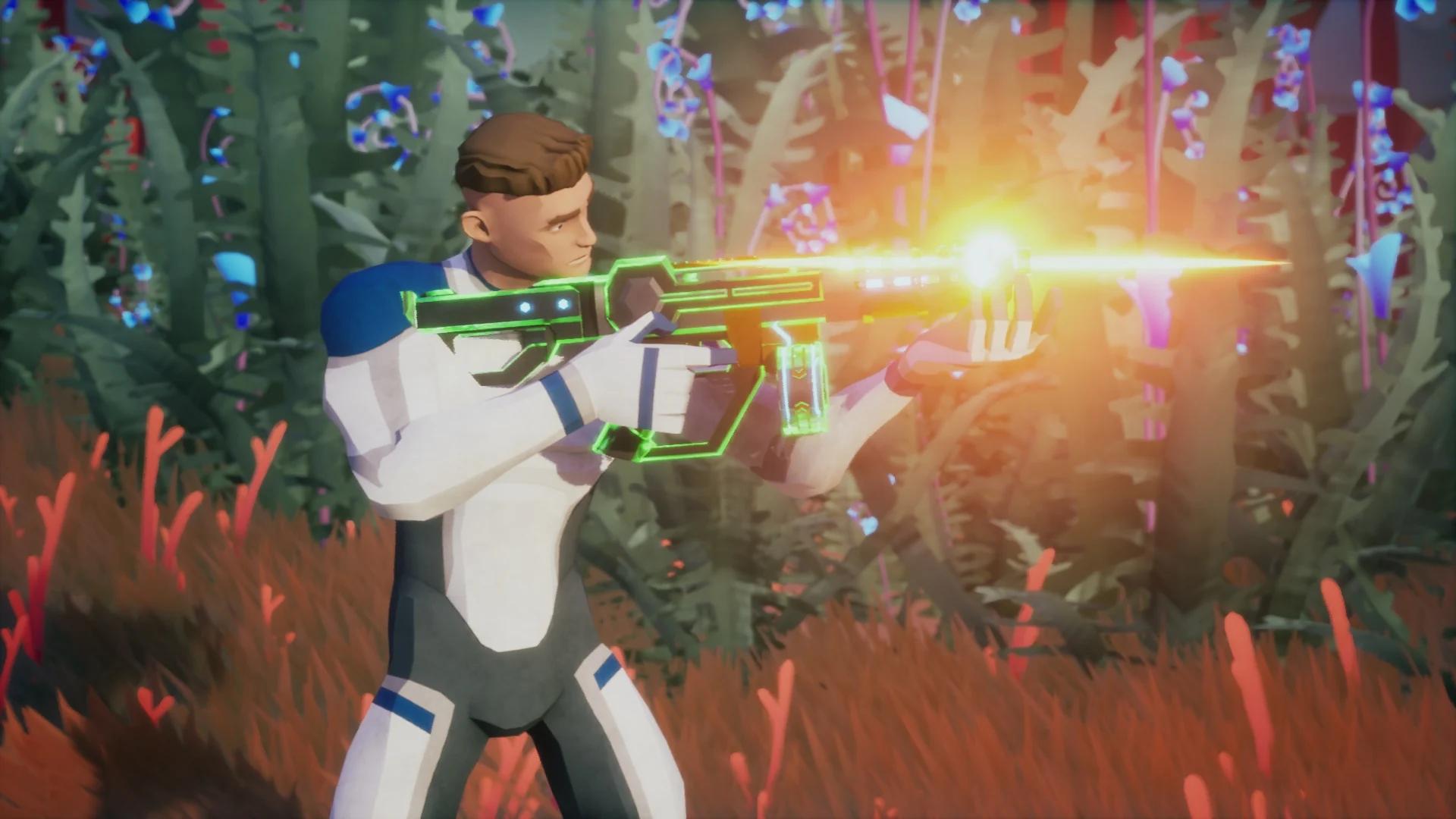 Firing one of the new energy rifles in the Fungal Forest